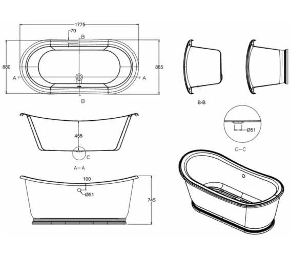 Burlington Admiral 1775 X 885mm White Freestanding Soaking Bath 2 Burlington Admiral 1775 X 885mm White Freestanding Soaking Bath - Image 2