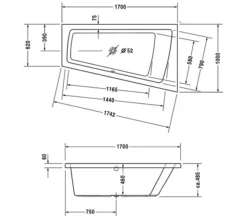 Duravit Paiova 1700mm X 1000mm Right-Left Backrest Slope Bath With Frame