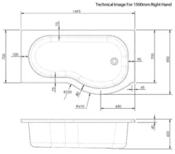 Nuie P-Shaped 1500mm Right Hand White Shower Bath - Ex Display